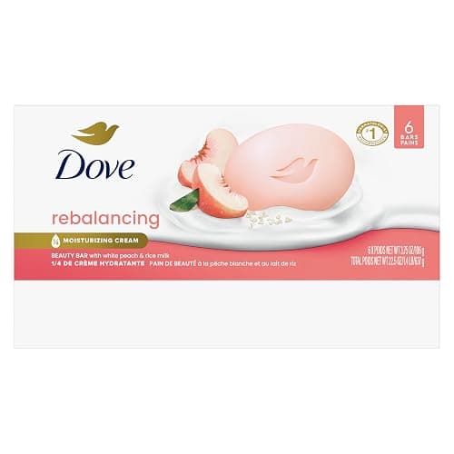 Dove Beauty Bar Soap Rebalancing White Peach & Rice Milk 6 Count for a Nourished and Moisturized Skin, with ¼ Moisturizing Cream Plant-Based Formula, 3.75 oz thumbnail 2
