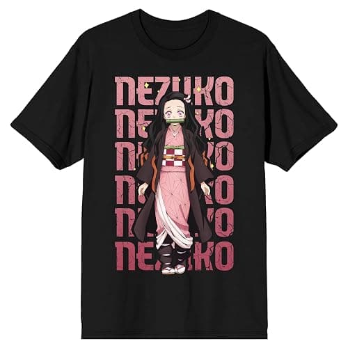 Demon Slayer Nezuko Repeat Text Crew Neck Short Sleeve Men's Black T-Shirt - Image 1
