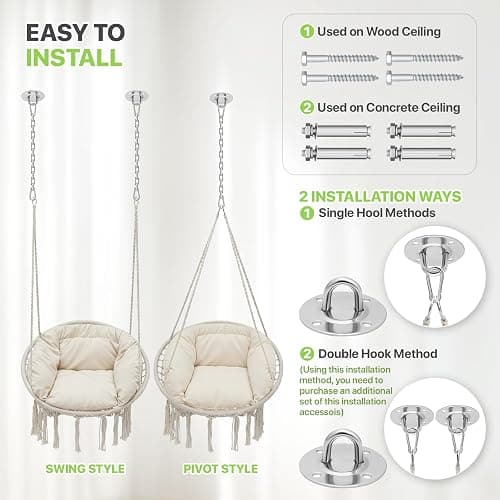 Magshion Hanging Hammock Chair with Cozy Full Cushion, Outdside Macrame Swing Chair with 350 Lbs Capacity, Ideal Accent Furniture for Living Room, Bedroom and Porch Relaxation and Enjoyment (White) thumbnail 8