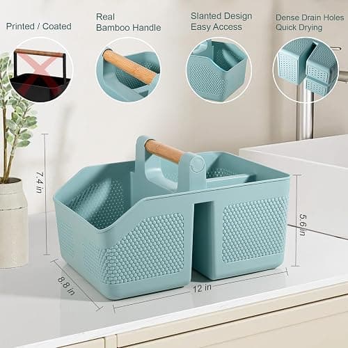 rejomiik Shower Caddy Portable with Bamboo Handle, Plastic Basket Cleaning Caddy Organizer Storage Tote for Bathroom, College, Dorm Room Essentials, Blue thumbnail 3