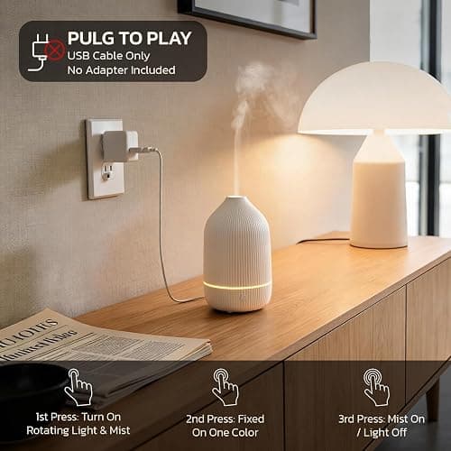 Essential Oil Diffuser, 100ml Aromatherapy Diffuser, Mini Ultrasonic Diffuser for Essential Oil, Home, Office, Cool Mist Humidifier with 7 Led Light, Auto Shut-Off, White thumbnail 3