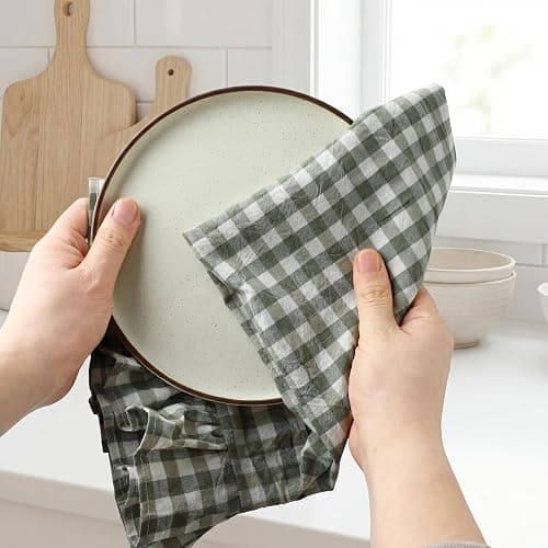 HunnmingRe Sage Green Kitchen Towels Set of 2, 100% Cotton Ruffled Gingham Dish Towels 18"x28" Tea Cloths Classic Plaid Pattern for Farmhouse Charm, Drying Dishes, Entertaining Guests thumbnail 6