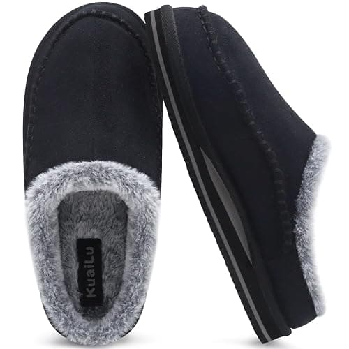 KuaiLu Mens Momery Foam Clog Slippers Comfy Handmade Stitch Microsuede Slip-on House Shoes With Arch Support Warm Faux Fur Lined Rubber Sole Indoor Outdoor - Image 1