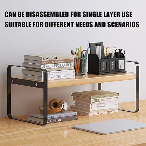 YGYQZ Wood Office Desk Shelf Organizer - Desktop Supplies Cute Dresser Top Organization Storage Rack and Cubicle Decor Aesthetic Bookshelf for Women Man and Kids (Black-Two Tier) - Black-two Tier thumbnail 3
