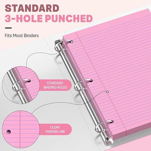 Pink Loose Leaf Paper 8 x 10.5, 120 Sheets Lined Paper College Ruled Paper | 3 Hole Punched Notebook Paper College Ruled, 3 Ring Binder Paper 8 x 10.5, Filler Paper College Ruled for Office, School thumbnail 5