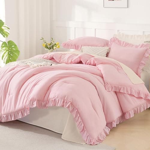 Andency Pink Comforter Set Full, 3 Pieces Lightweight Soft Rustic Pink Ruffle Comforter Women Girls, Solid Farmhouse Shabby Chic Microfiber Bedding Comforter Set - Image 1