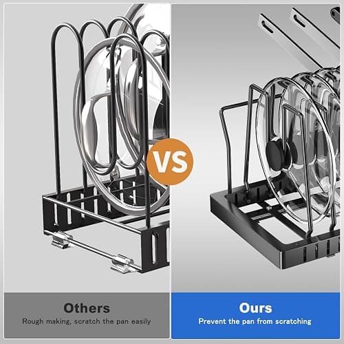 Mustorn 2 Pack Pots and Pans Organizer Under Cabinet, 21.6" Deep Pull Out Pot Lid Organizer Holder with Guardrail Adhesive Pot and Pan Holder Rack with 10 Adjustable Dividers(Black) thumbnail 6