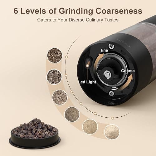 Ultrean Pepper Grinder, Rechargeable Salt and Pepper Grinder with 6 Adjustable Coarseness, LED Light, Automatic Grinder for Kitchen, Home and Kitchen Appliances Birthday Gifts for Women, Black thumbnail 3