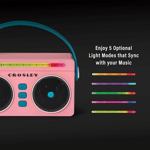 Crosley CR3050A-FG Mini Boombox Portable Bluetooth Speaker, Flamingo | Bluetooth In, 5 Color-Changing Light Modes, LED Lights Sync with Music, Rechargeable Lithium-Ion Battery thumbnail 3