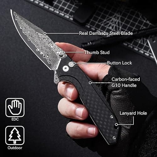 SECANOX Damascus Pocket Knife, 3.35" Sharp Damascus Steel Blade Folding Knives with G10 Handle, EDC Knifes for Men Camping Hiking thumbnail 5
