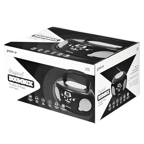Groov-e Original Boombox - Portable CD Player with Bluetooth, Radio, 3.5mm Aux Port, & Headphone Socket - LED Display, 2 x 1.2W Speakers - Battery or Mains Powered - Black thumbnail 4