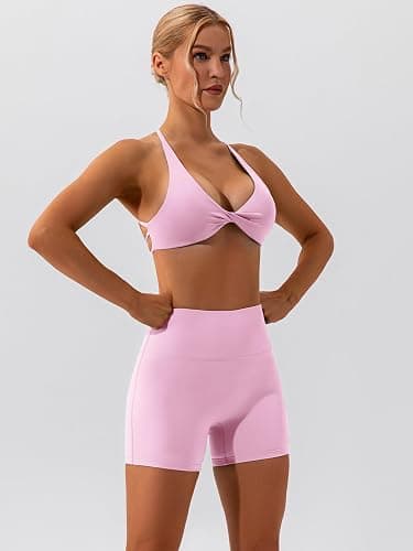 ABOCIW Workout Sets for Women 2 Piece Twist Front Halter Sports Bras High Waist Biker Shorts Exercise Gym Yoga Outfit thumbnail 3