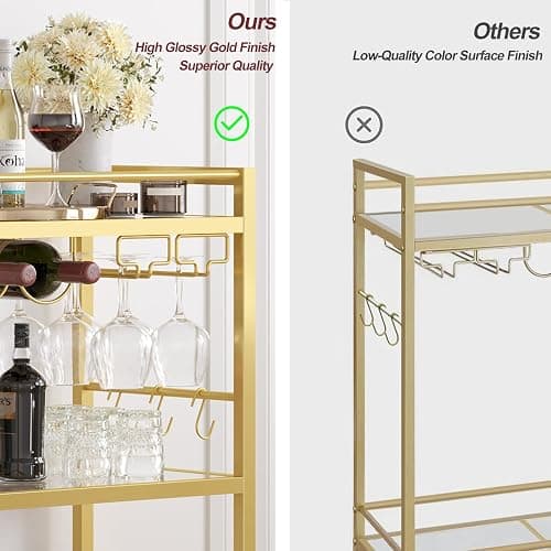 TUTOTAK Bar Cart, Home Bar Serving Cart with 3-Tier Mirrored Shelf, Drink Cart, Mobile Kitchen Shelf with Wine Rack, Gold BC01BB033 thumbnail 6