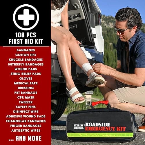 Everlit Survival Car Emergency Kit, Roadside Safety Tool Kit with Gloves,Digital Auto Air Compressor Tire Inflator, First Aid Kit, 12 Feet Jumper Cable, Tow Strap, Flashlight for Women, Men, Teenagers thumbnail 5