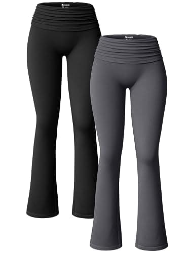 OQQ Women's 2 Piece Flared Pants Ribbed Fold Over Kick Ruched Stretch High Waist Casual Wide Leg - Image 1