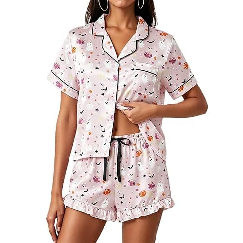 Women Cute Halloween Pumpkin Pajama Set 2 Piece Y2k Silky Satin Button Down Short Sleeve Shirt Shorts Sets Loungewear - Image 1