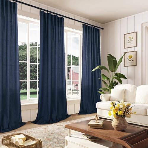 Mrs.Naturall Navy Blue Linen Curtains 213cm Length 2 Panels Set,Back Tab Bar Pocket Dark Blue Curtain Window Drapes 213cm Long for Living Room Boys Room Bedroom thumbnail 4