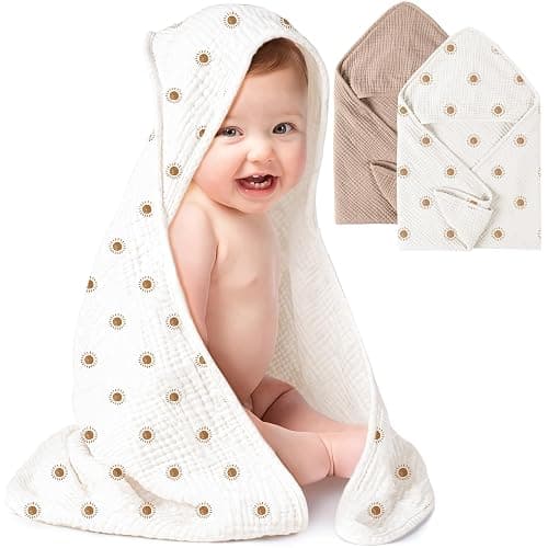 Konssy 2-Pack Muslin Hooded Baby Towels, 100% Cotton, Ultra-Soft & Absorbent Baby Bath Towels with Hood for Newborn & Infant (Camel, Sun,30" x 30") - Image 1