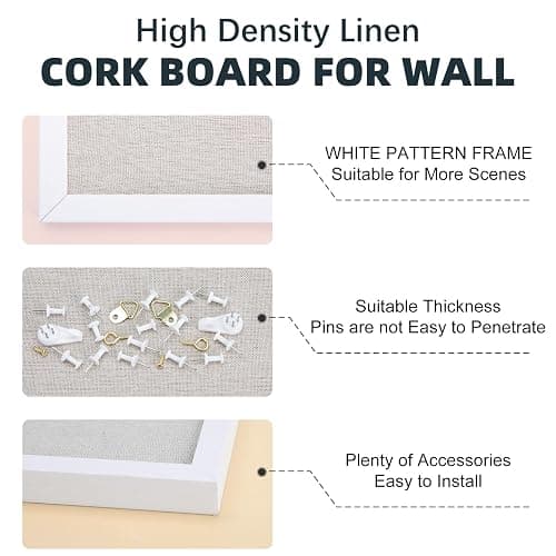 OWLKELA 24'' x 36'' Linen Bulletin Board, White Framed Corkboard, White Oak Frame Linen Cork Board, Vision Board and Decorative Hanging Pin Board - 36" x 24" thumbnail 4