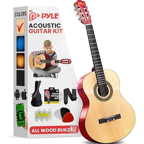 Pyle 30-Inch Beginner Acoustic Guitar Kit, 6-String Classical Style Travel Guitar for Kids & Adults - Includes Shoulder Strap, Strings, Picks, Tuning Pitch Pipe & Storage Gig Bag - Handcrafted Wood - Image 1