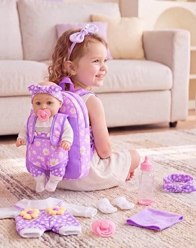 12" Flower Pattern Baby Doll With Backpack Carrier Clothes and Accessories | 12 Inch Baby Dolls Set In Gifts Box With Hanky Pacifier Bottle Pretend Baby Care Interactive Toy For Girl Child Toddler 3+ thumbnail 3