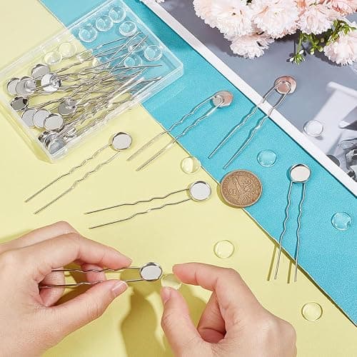 UNICRAFTALE 20 Sets U Shape Hairpins Platinum Round Bezel Tray Blank Hair Pins Brass DIY Cabochon Hair Pins Supplies with Glass Cabochons 12mm Tray Hair Clips 80mm Long Hair Fork for Jewelry Making thumbnail 4