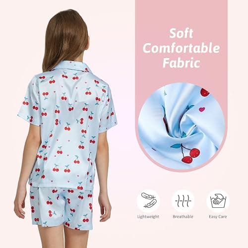 Ewbob Girls Silk Satin Pyjamas Set Short Sleeve Kids PJs Nightwear 5-14Y | Girls Silk Satin Pyjamas Set,Short Sleeve,Button-Down Kids PJs.Breathable,Soft Nightwear,Children Sleepwear,Age 5-14 thumbnail 5