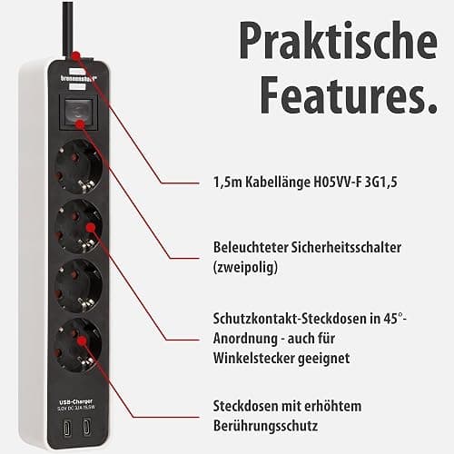 Brennenstuhl Ecolor Steckdosenleiste 4-Fach mit USB-Ladebuchse (Mehrfachsteckdose mit 2X USB C, Schalter und 1,5m Kabel) weiß/schwarz thumbnail 3