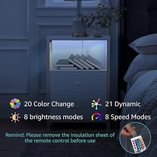 BOLUO Gold Nightstand with Charging Station, LED Night Stand with 2 Fabric Drawers, Bedside Table with USB Ports and Outlets, Nightstand for Bedroom Modern thumbnail 7