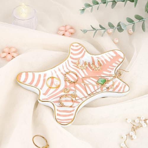 Trycooling Hand Painted Tiger Skin Ceramic Jewelry Dish Small Jewelry Rack Tray Rings Bracelets Earrings Trays Holder (Pink) thumbnail 2