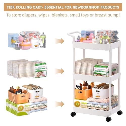 Volnamal Diaper Caddy, 3 Tier Rolling Cart for Baby Essentials, Off-White | Movable & Easy Assemble Cart for Newborn Nursery Essentials, Diaper Storage Organizer for Changing Table&Crib, Baby Registry thumbnail 4