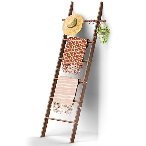 chilinii Farmhouse 6 Ft Wooden Blanket Ladder with Removable Hooks, 6-Tier Rustic Blanket Rack Decorative Stand, Leaning Towel Quilt Rack Holder for Bathroom Living Room Decor Brown thumbnail 8