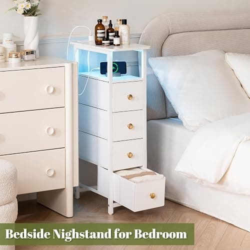 Yoobure LED Narrow Nightstand with Charging Station - Slim Dresser for Bedroom Narrow Side Table Storage Cabinet, Small Dressers Chest of Drawers, Tall Night Stand End Table for Small Spaces, White thumbnail 7