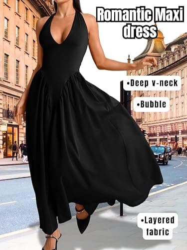 ChiaoLezhee Deep V Neck Dress, Halter Maxi Dresses, Vacation Date Night, Sexy for Women Corset Flowy Wedding Guest Drop Waist thumbnail 3
