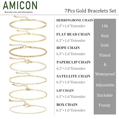 Amicon Gold Bracelets for Women,Dainty 14K Gold Plated Stack Set Trendy Stackable non tarnish Paperclip Chain Bracelets Gold Jewelry Sets Gifts for Women thumbnail 3