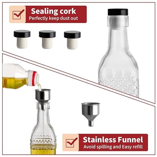 BIMUYI Glass Olive Oil Bottle Dispenser Set, 500ml Vinegar Dispenser Bottles, Kitchen Olive Oil Decanter Containers with Stainless Steel Funnel, 3 Spouts, 3 Plugs, Pack of 3 thumbnail 6