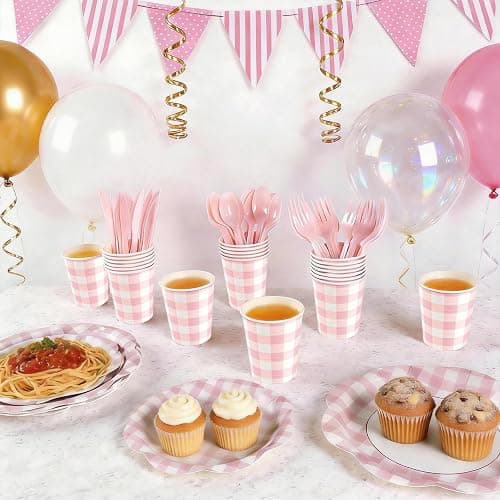 168Pcs Pink Gingham Plates and Napkins Party Supplies, Scalloped Checkered Disposable Paper Plates Set with Napkins Cups Plastic Cutlery for Birthday Wedding Baby Shower Spring Party Supplies thumbnail 2