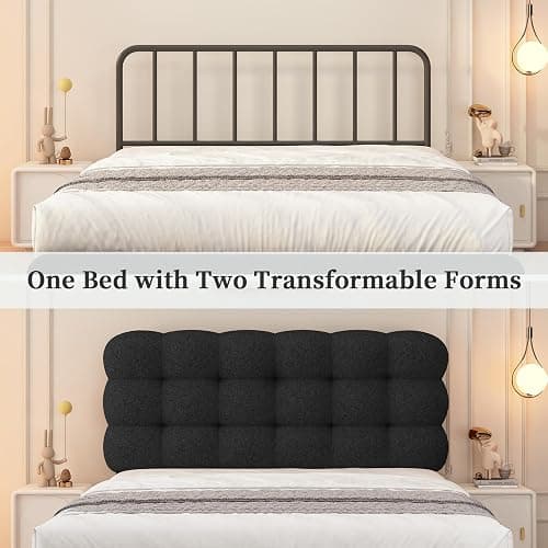 BarnFurin Queen Bed Frame, Platform Bed with Soft Boucle Upholstered Headboard, Two Bed Forms Design, Wooden Slats Support, No Boxing Spring Needed, Easy Assembly, Black thumbnail 5