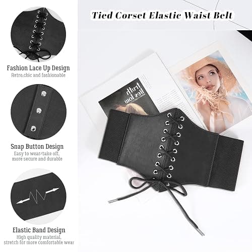 JASGOOD Women’s Elastic Costume Waist Belt Lace-up Tied Waspie Corset Belts for Women - Fits Waist 27"-30" - A-black thumbnail 3
