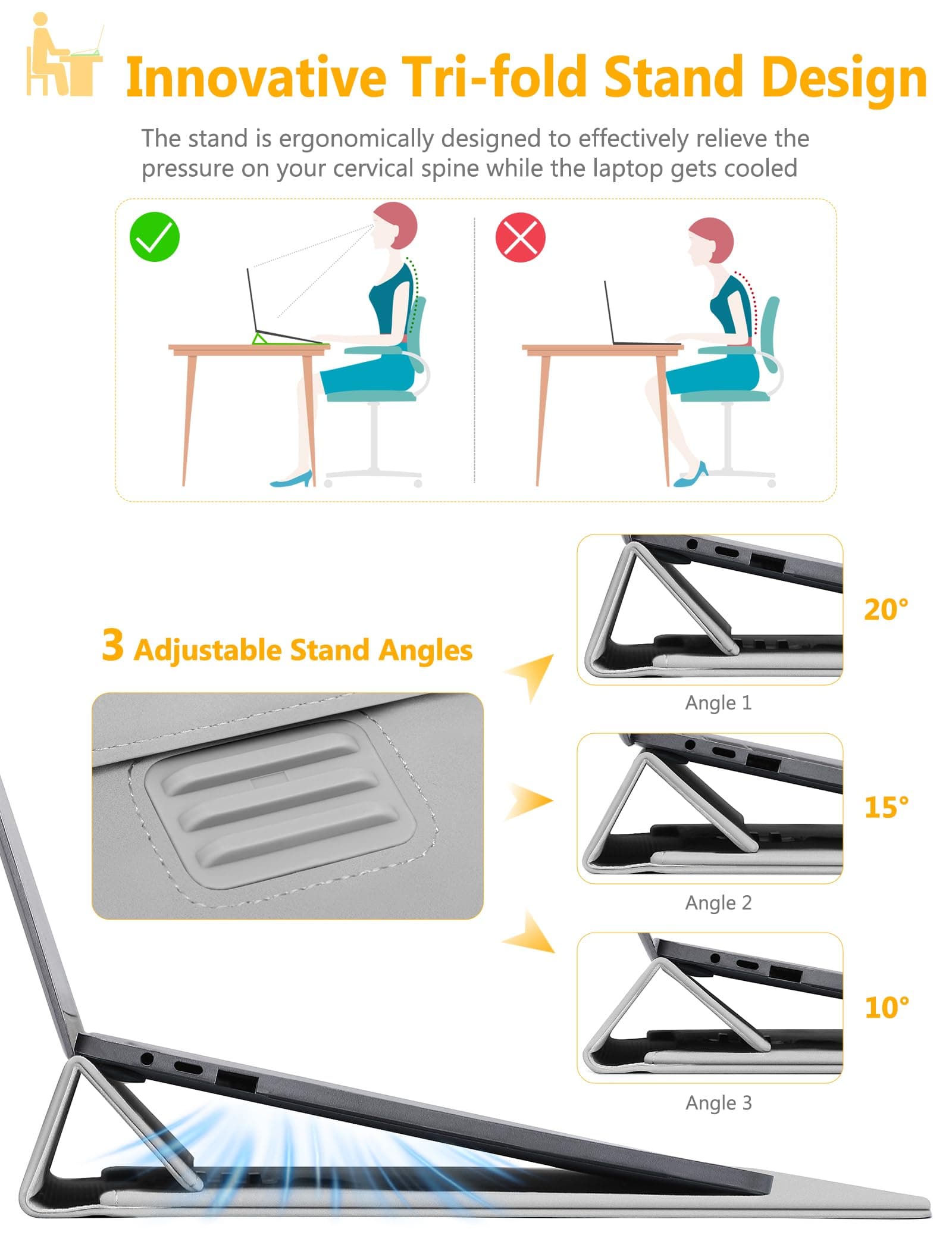 HYZUO 13.3-14 Inch Laptop Case Sleeve with Adjustable Stand, Light Grey | for MacBook Pro 14 M5/M4/M3/M2/M1 Pro/Max A3426 A3427 2026-2021, MacBook Air/Pro 13.3, 13.8-13.5 Surface Laptop thumbnail 2