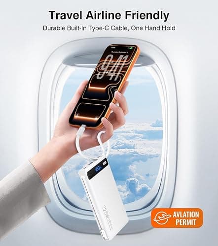 Power Bank with 2 Built-in Cables 10000mAh, 22.5W PD Slim Portable Charger USB C Battery Pack, Travel Essentials Fast Charging Powerbank Compatible with iPhone 17 16 Plus Pro Galaxy iPad White(1 Pack) thumbnail 9