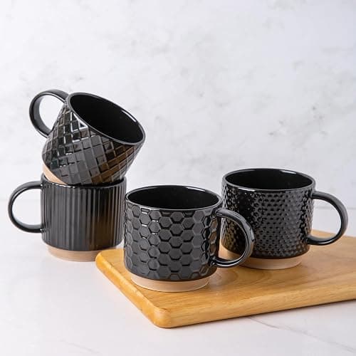 GBHOME 12OZ Stackable Coffee Mugs, Ceramic Coffee Mugs with Texture Patterns for Man,Woman,Dad,Mom, Modern Coffee Mugs Set of 4 for Latte/Cappuccino/Cocoa. Dishwasher&Microwave Safe, Black - Image 1