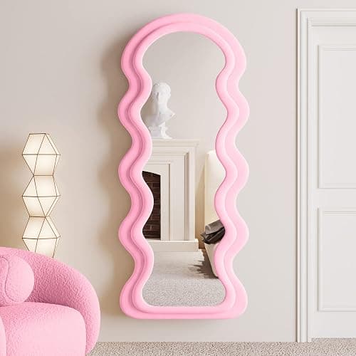 BOJOY Full Length Mirror 63"x24", Irregular Wavy Mirrors, Wave Arched Floor Mirror, Wall Mirror Standing Hanging or Leaning Against Wall for Bedroom, Flannel Wrapped Wooden Frame Mirror-Pink thumbnail 4