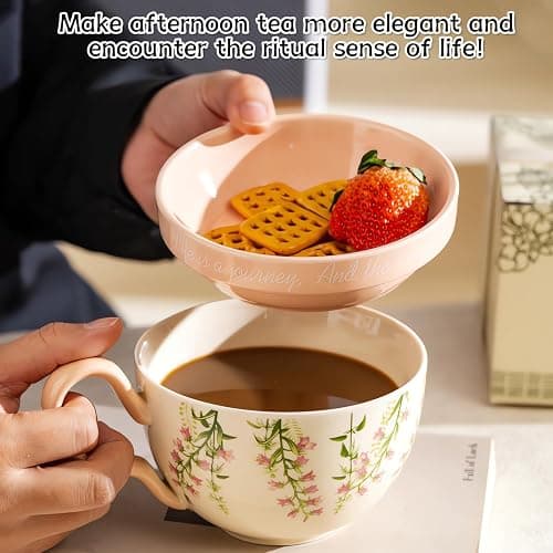 goldmiky Kaffeetasse mit Deckel, 460 ml,Elegante Geschenkbox, Landhausstil | Tasse mit Glockenblumen-Blumenmuster, Großes Fassungsvermögen, Rutschfester Boden, Ideal für Cappuccino, Latte und Tee thumbnail 5