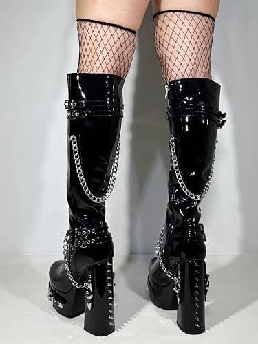 Frankie Hsu Goth Sexy Chunky Platform Knee High Heeled Boots, Black Patent Silver Chain Rivets Gothic, Punk Y2K Hot Girl Big Large Size Wide Calf Long Shoes For Women Men thumbnail 6