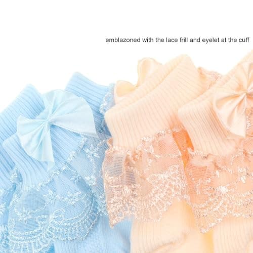 BQUBO Baby Girls Socks Eyelet Ruffle Lace Sock Baby Socks Newborn/Infant/Toddlers/Kids Frilly Summer Thin Dress Sock - 4 Pairs D: Lightsalmon, Skyblue, Lightyellow, White - 0-6 Months thumbnail 3