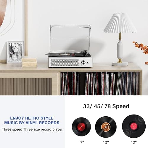 Vinyl Record Player with 2 Stereo Speakers Belt-Driven Vintage Turntables 3 Speed 3 Size Wireless Bluetooth Playback AUX-in RCA Out Headphone LP Vinyl Players Auto Stop Pale Silver thumbnail 4