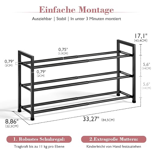 Bumusty 3-Tier Expandable Shoe Rack for Closet, 18“-33” Adjustable Shoe Rack for Small Space, Small Shoe Organizer for Front Door, Sturdy Metal, Black thumbnail 3