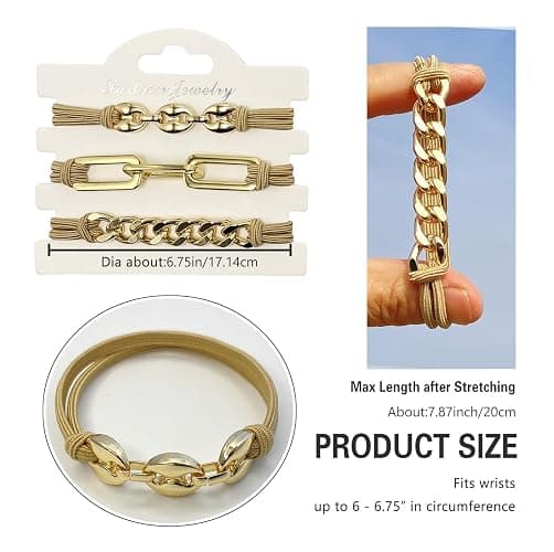 Bracelet Hair Ties for women - Ponytail Holders - Cute Hair Accessories with Gold Jewelry - Handmade Soft Elastic No Damage Scrunchies - Khaki thumbnail 4