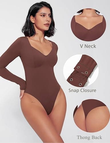 Avidlove Bodysuit for Women Long Sleeve Double Lined Tank Top V Neck Bodysuit Tummy Control Shapewear thumbnail 4